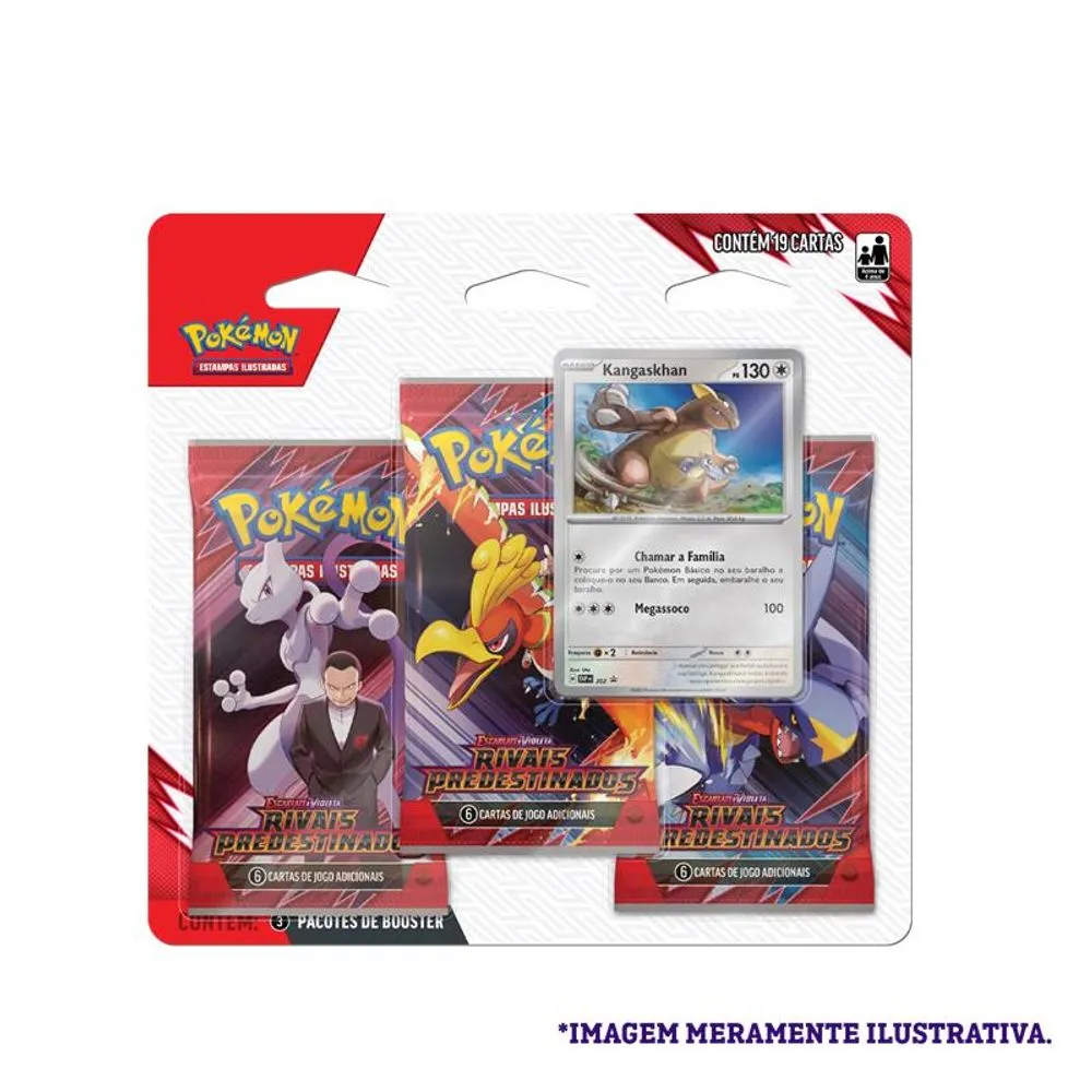 Blister Triplo Pokémon TCG Rivais Predestinados – Kangaskhan, com 3 boosters e carta promocional holográfica visíveis na embalagem.