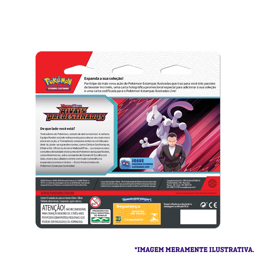Verso da embalagem do Blister Triplo Pokémon TCG Rivais Predestinados – Kangaskhan, com informações e selo da Copag.