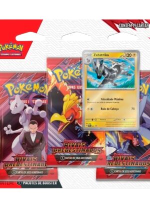 Blister Triplo Pokémon TCG Rivais Predestinados – Zebstrika, com 3 boosters e carta promocional holográfica visíveis na embalagem.