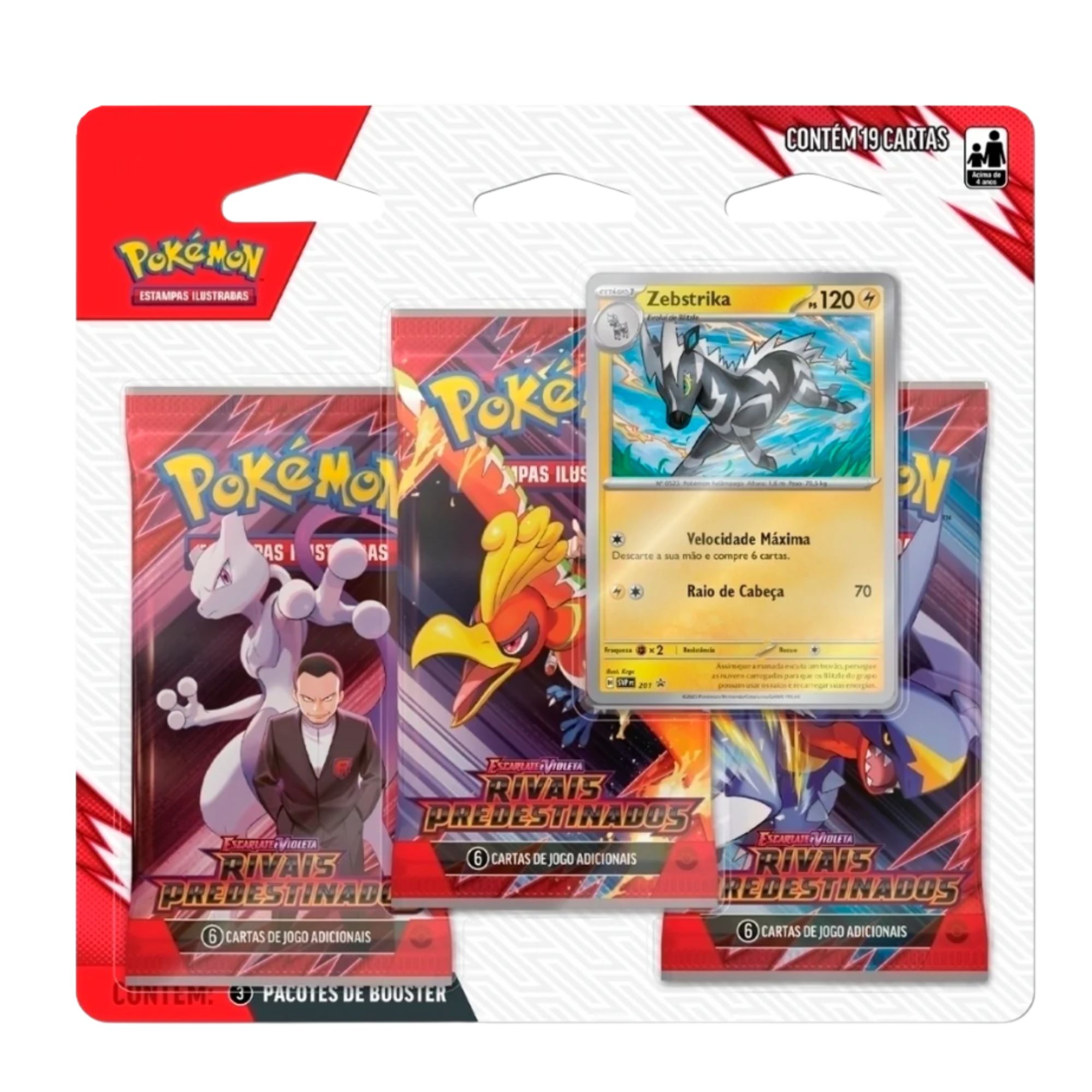 Blister Triplo Pokémon TCG Rivais Predestinados – Zebstrika, com 3 boosters e carta promocional holográfica visíveis na embalagem.
