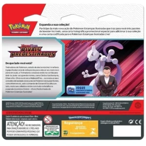 Verso da embalagem do Blister Triplo Pokémon TCG Rivais Predestinados – Zebstrika, com informações e selo da Copag.