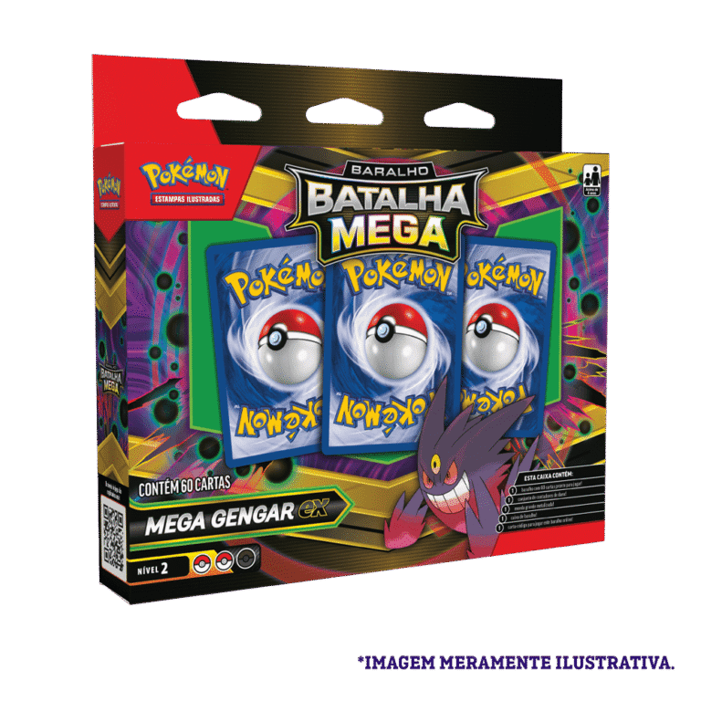 Caixa do Baralho de Batalha Pokémon Mega Gengar EX – imagem frontal da embalagem do deck com 60 cartas.