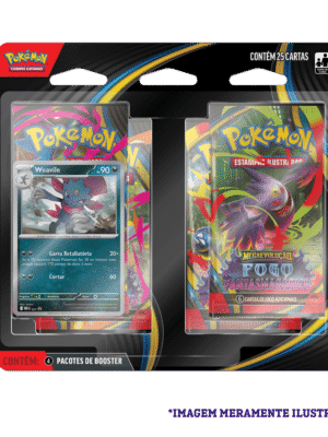 Blister Quádruplo Pokémon ME02 Weavile com 4 boosters e carta promocional da coleção Mega Evolução Fogo Fantasmagórico.