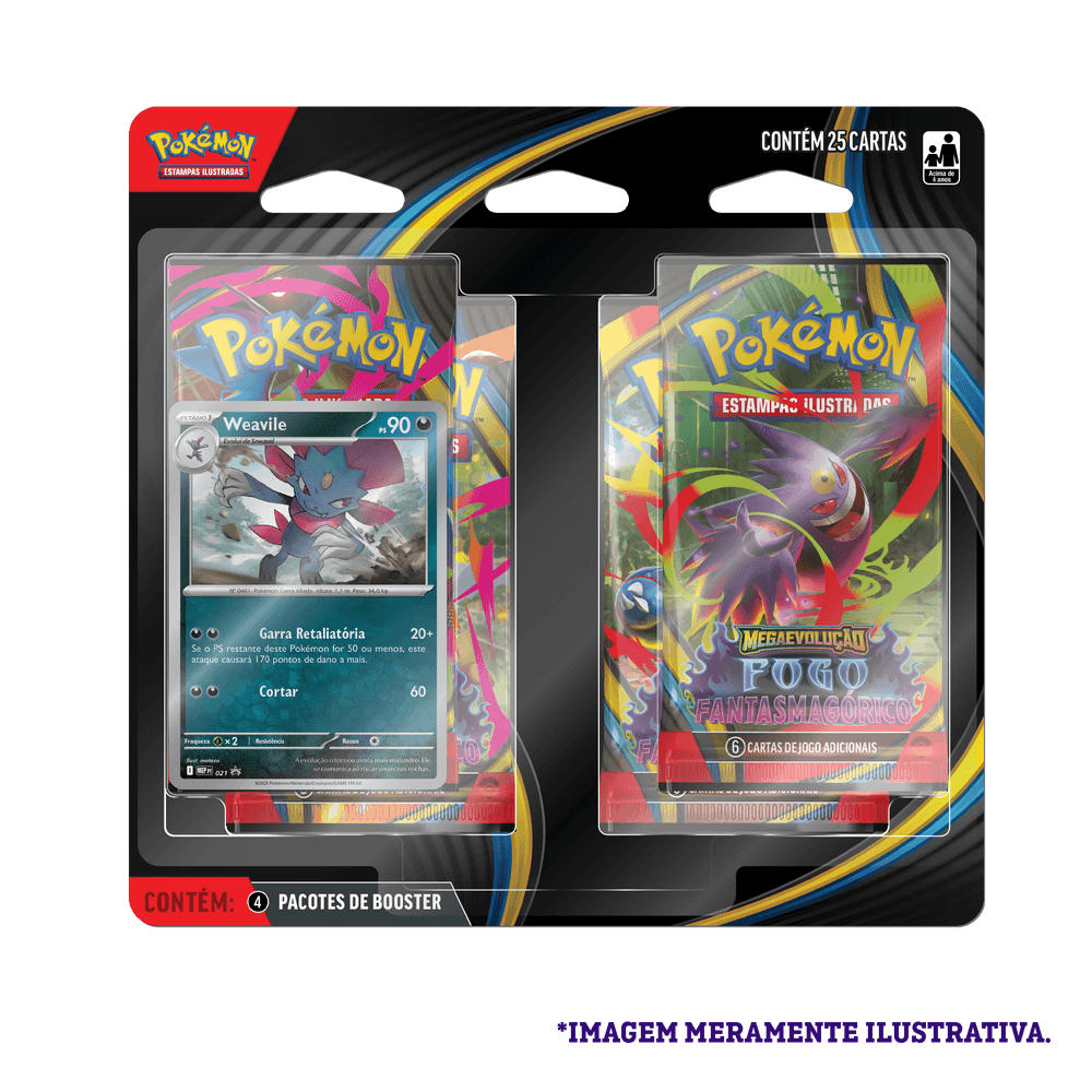 Blister Quádruplo Pokémon ME02 Weavile com 4 boosters e carta promocional da coleção Mega Evolução Fogo Fantasmagórico.