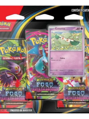 Blister Triplo Pokémon ME02 Cottonee com 3 boosters e carta promocional da coleção Mega Evolução Fogo Fantasmagórico.