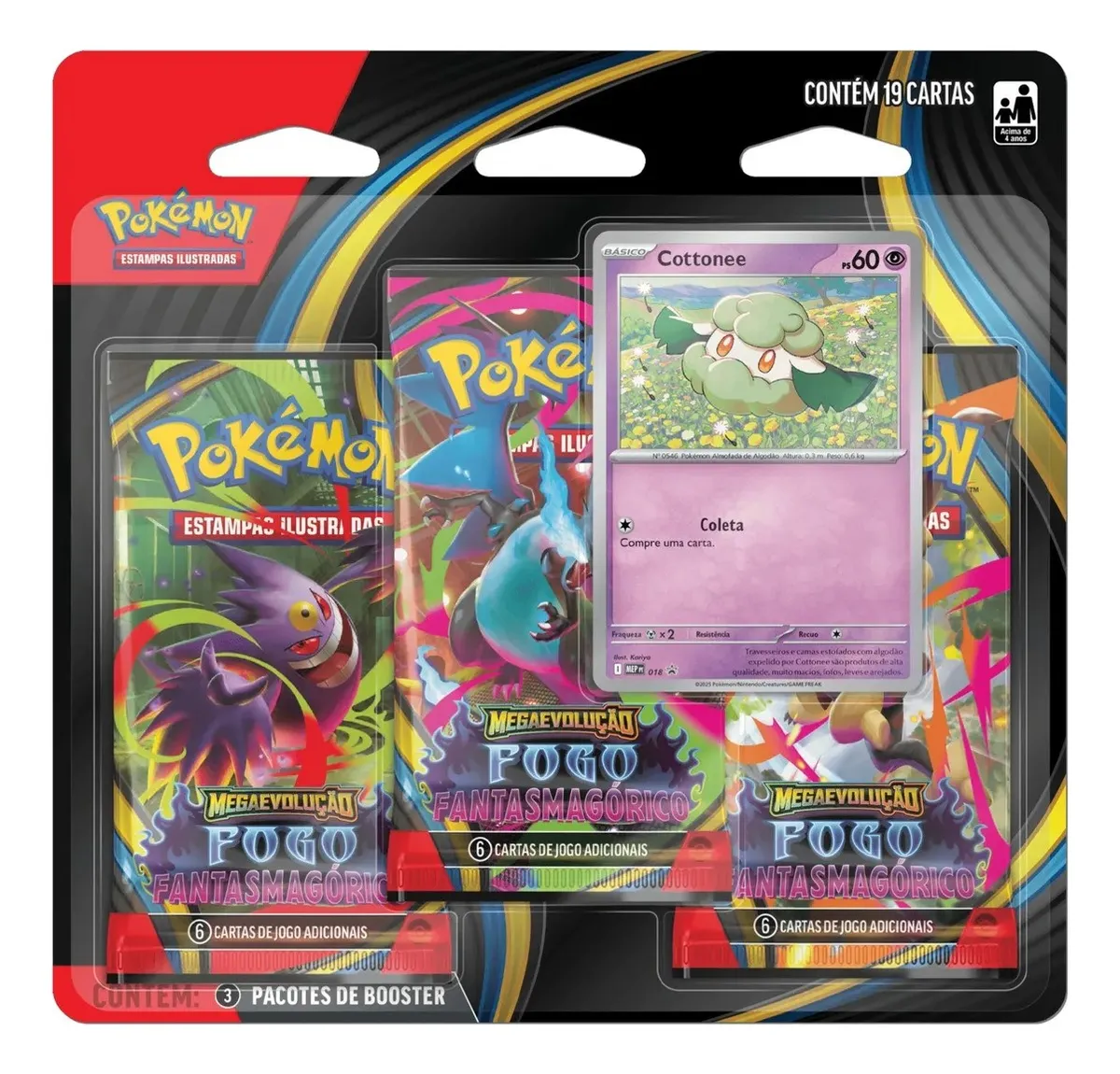 Blister Triplo Pokémon ME02 Cottonee com 3 boosters e carta promocional da coleção Mega Evolução Fogo Fantasmagórico.