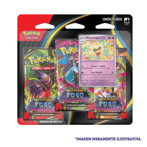 Blister Triplo Pokémon ME02 Whimsicott com 3 boosters e carta promocional da coleção Mega Evolução Fogo Fantasmagórico.