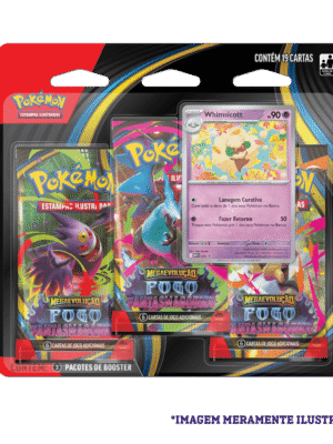 Blister Triplo Pokémon ME02 Whimsicott com 3 boosters e carta promocional da coleção Mega Evolução Fogo Fantasmagórico.