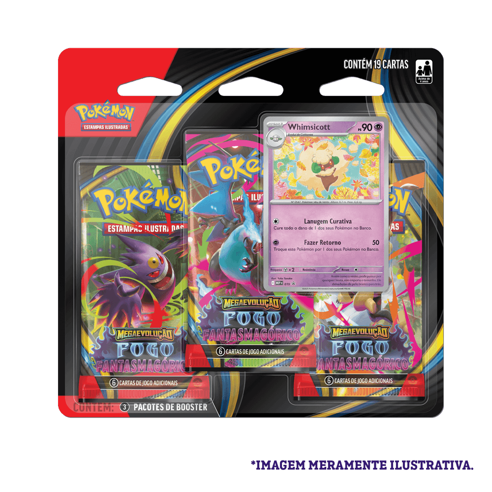 Blister Triplo Pokémon ME02 Whimsicott com 3 boosters e carta promocional da coleção Mega Evolução Fogo Fantasmagórico.