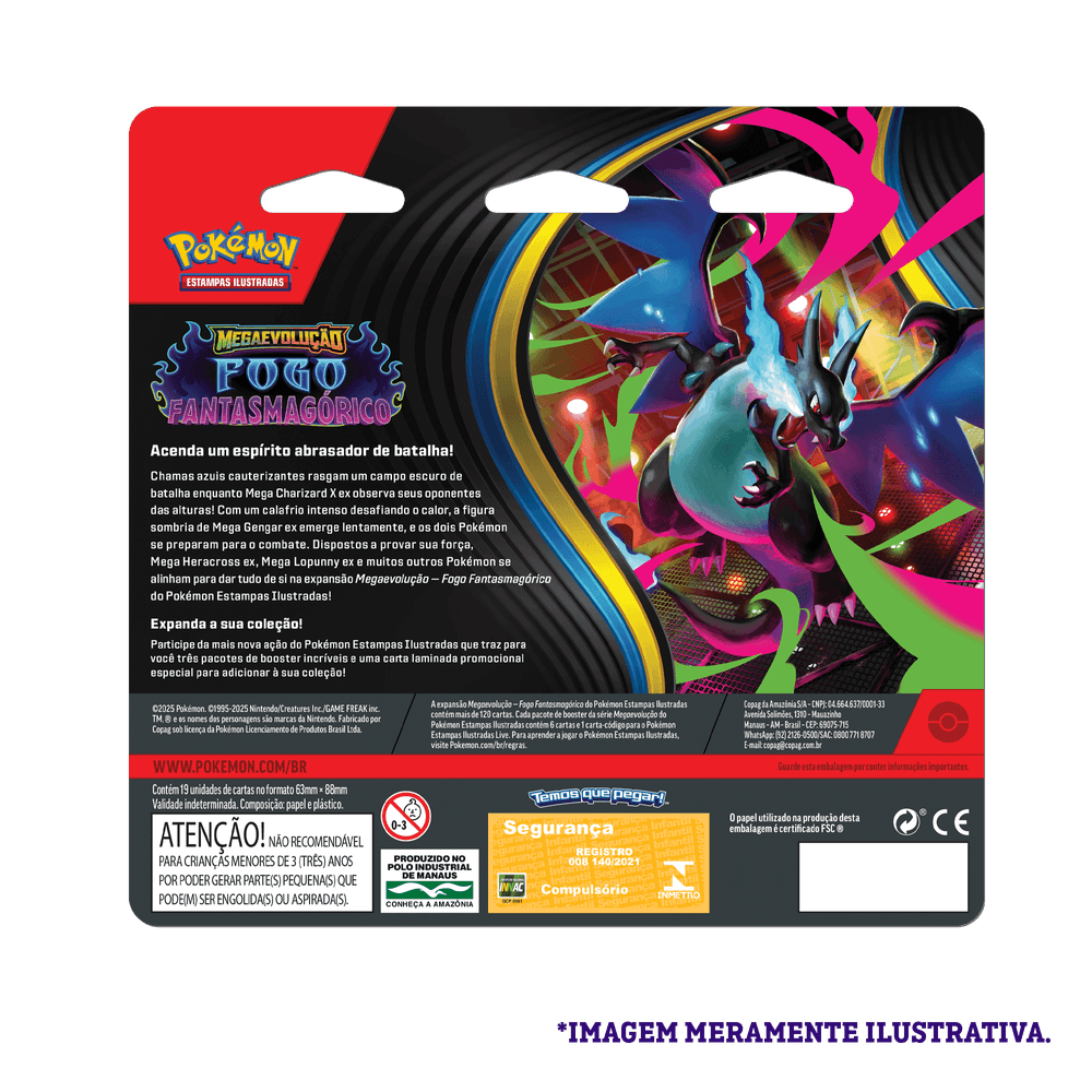 Verso do Blister Triplo Pokémon ME02 Whimsicott com informações oficiais da coleção Mega Evolução Fogo Fantasmagórico.