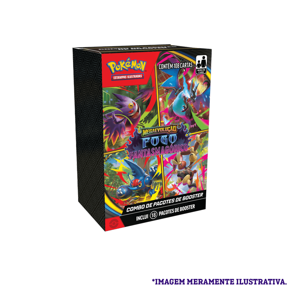 Combo Pokémon com 18 boosters Fogo Fantasmagórico ME02 da coleção Mega Evolução, produto original Copag.