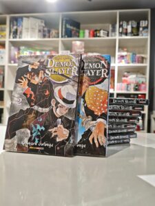 Capas dos primeiros volumes do mangá Demon Slayer (Kimetsu no Yaiba) empilhados, mostrando Tanjiro, Nezuko e outros personagens da série.